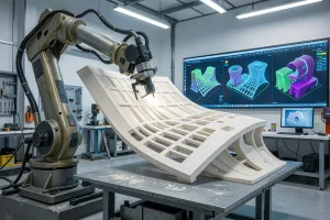 Robotic arm fabricating a complex curved architectural facade panel in a modern digital fabrication studio