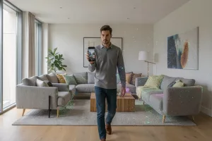 Interior designer capturing a modern living room with a smartphone, 3D point-cloud overlay reconstructing the space