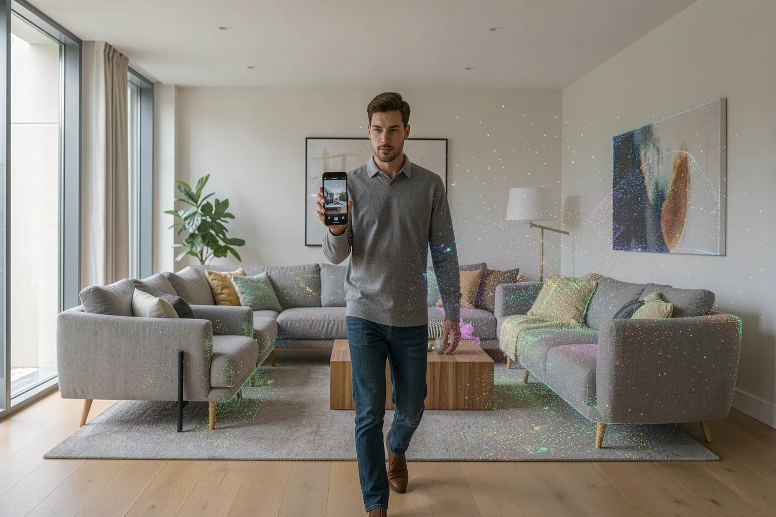 Interior designer capturing a modern living room with a smartphone, 3D point-cloud overlay reconstructing the space