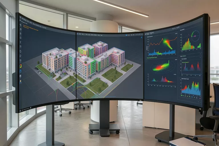 Architectural office with digital twin building model displayed on large curved screens