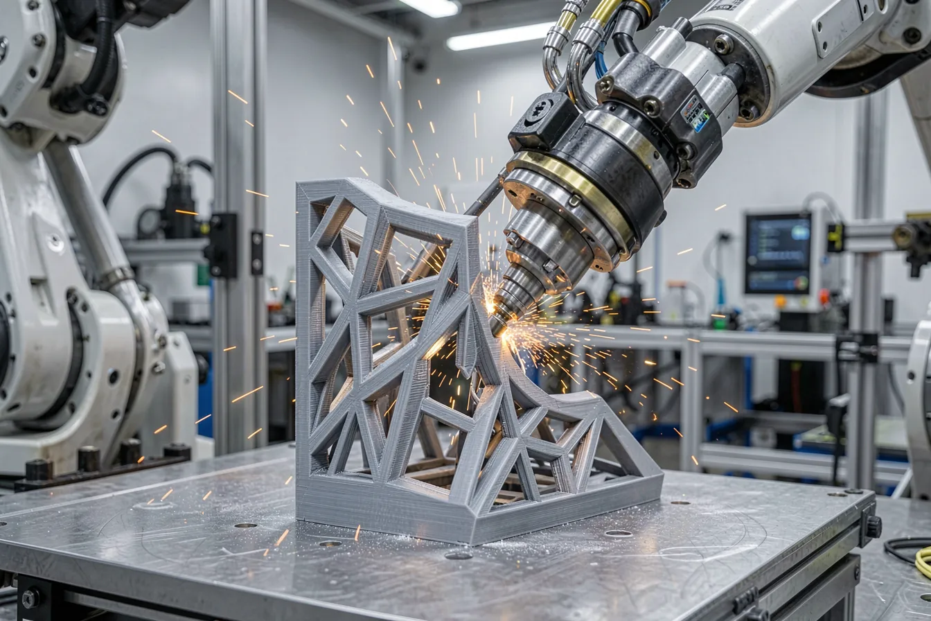 Robotic arm 3D-printing a unique geometric facade element from a generative design