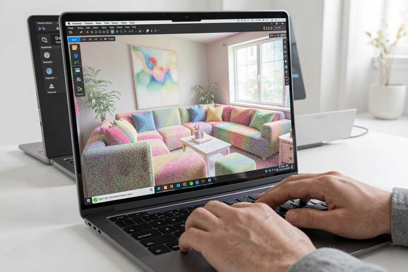 Laptop showing a navigable 3D Gaussian-splat reconstruction of a real living room