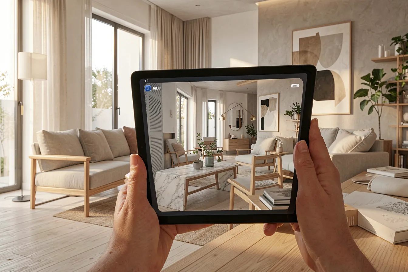 AI-powered interior design visualization on tablet in modern living room