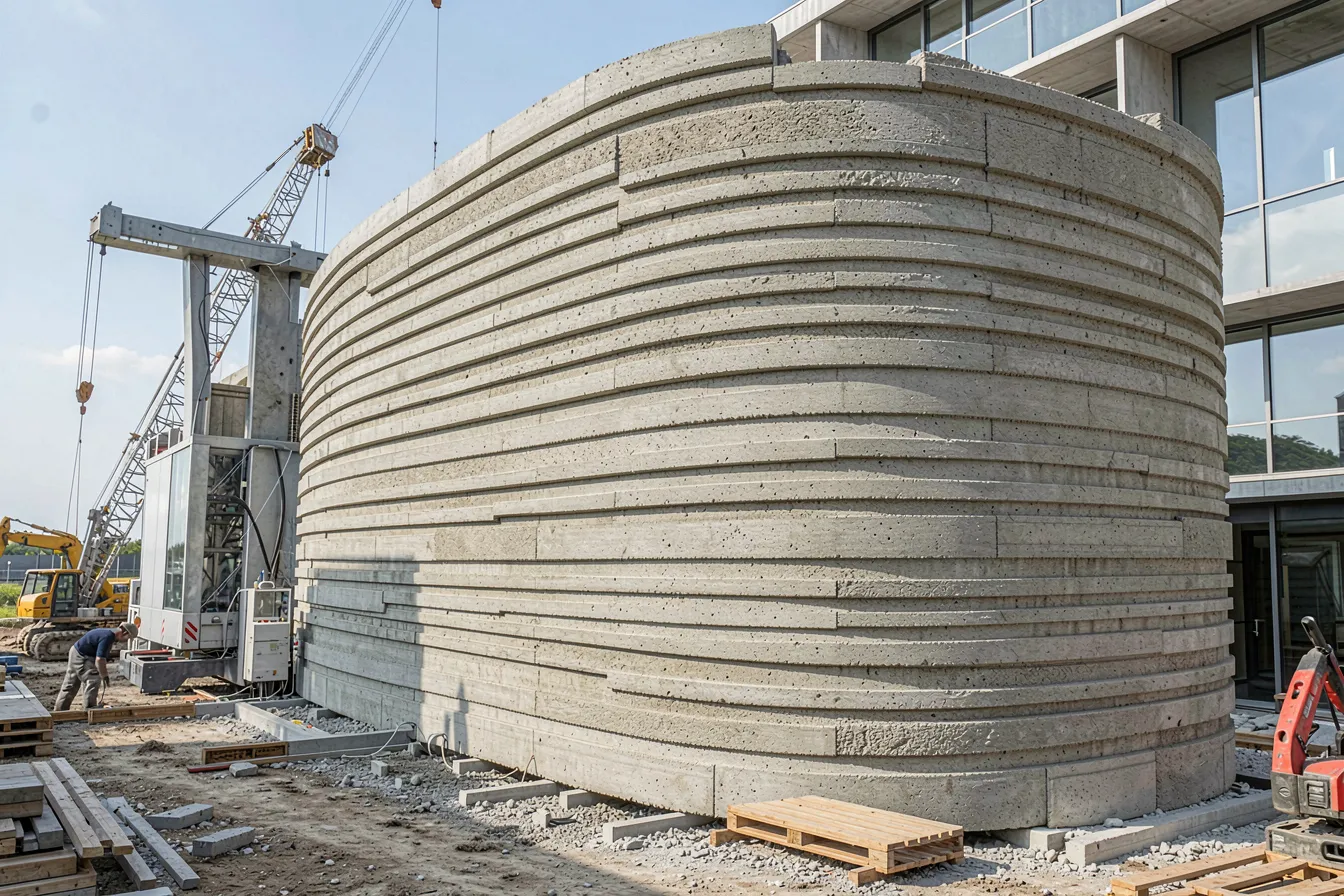 Large-scale 3D concrete printer constructing a curved wall of a modern building