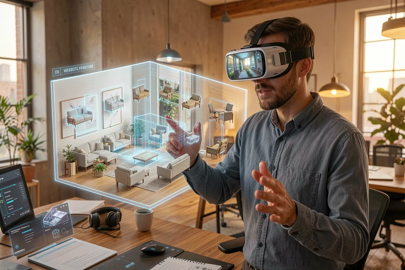 Architect in a mixed-reality headset editing furniture inside a captured 3D room scan