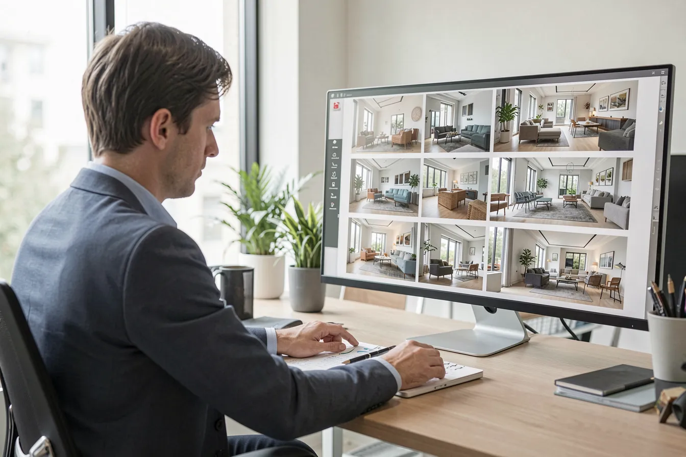 Designer reviewing multiple photoreal interior render variations on monitors