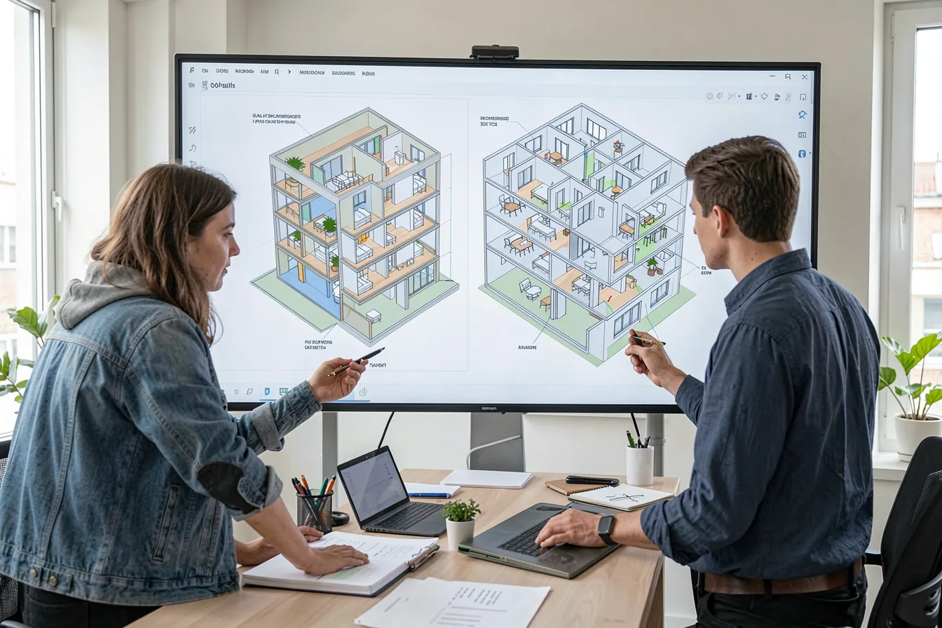 Small studio designers reviewing an AI-generated multi-story BIM building model on screen