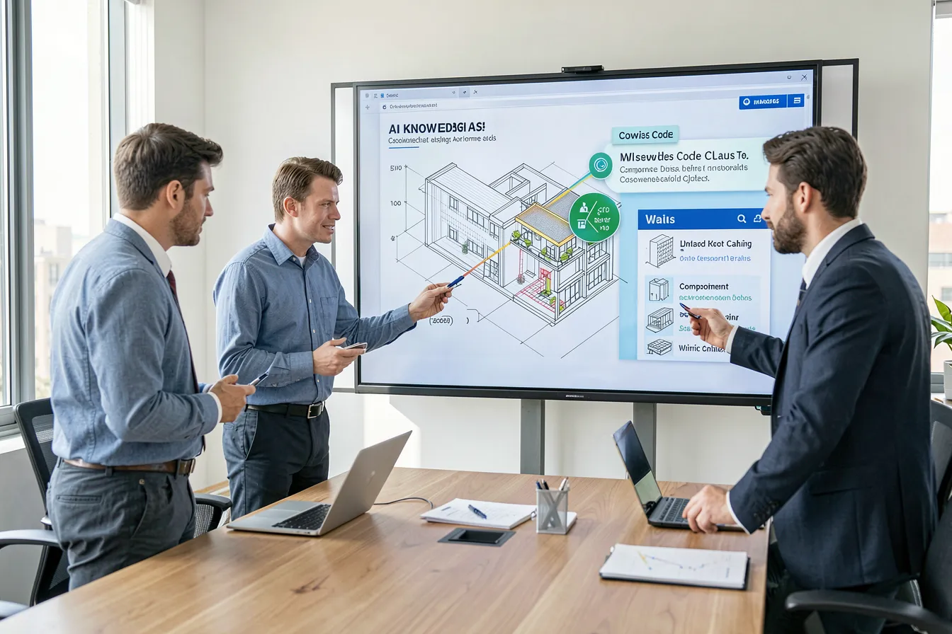 Two engineers reviewing an architectural design while an AI knowledge assistant highlights a building code clause