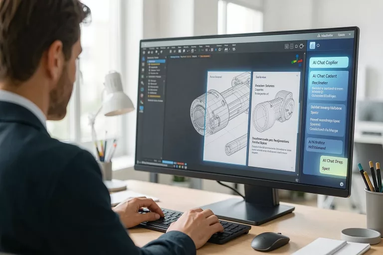 Designer using a CAD app with an AI copilot panel showing retrieved design documents and specs