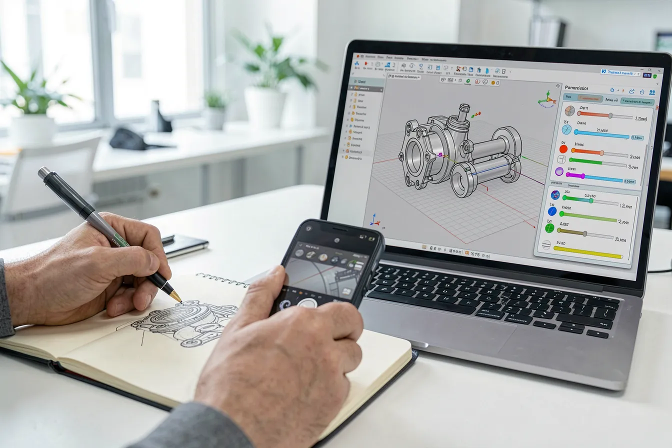 A designer sketches a mechanical part while a laptop converts the sketch into an editable parametric 3D CAD model with dimension sliders