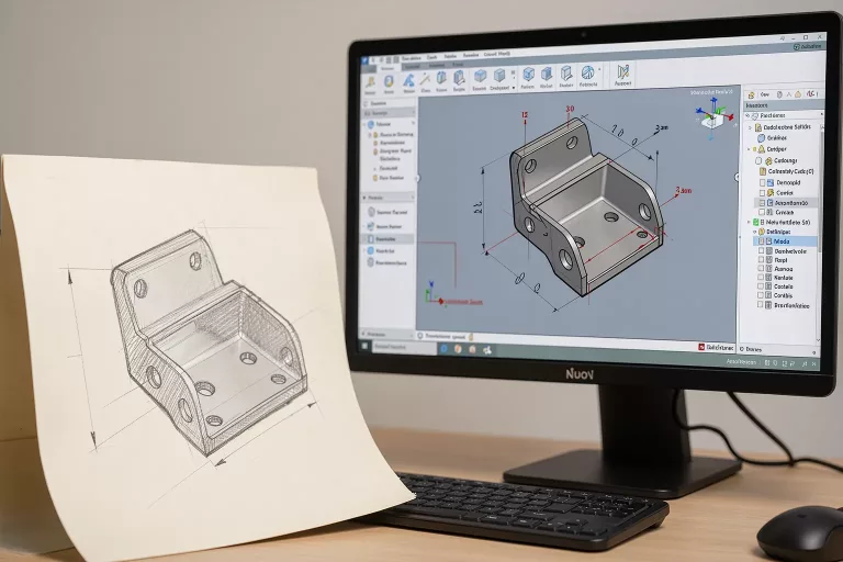 A hand-drawn sketch of a metal bracket beside a monitor showing the same part as an editable 3D CAD model with a feature tree