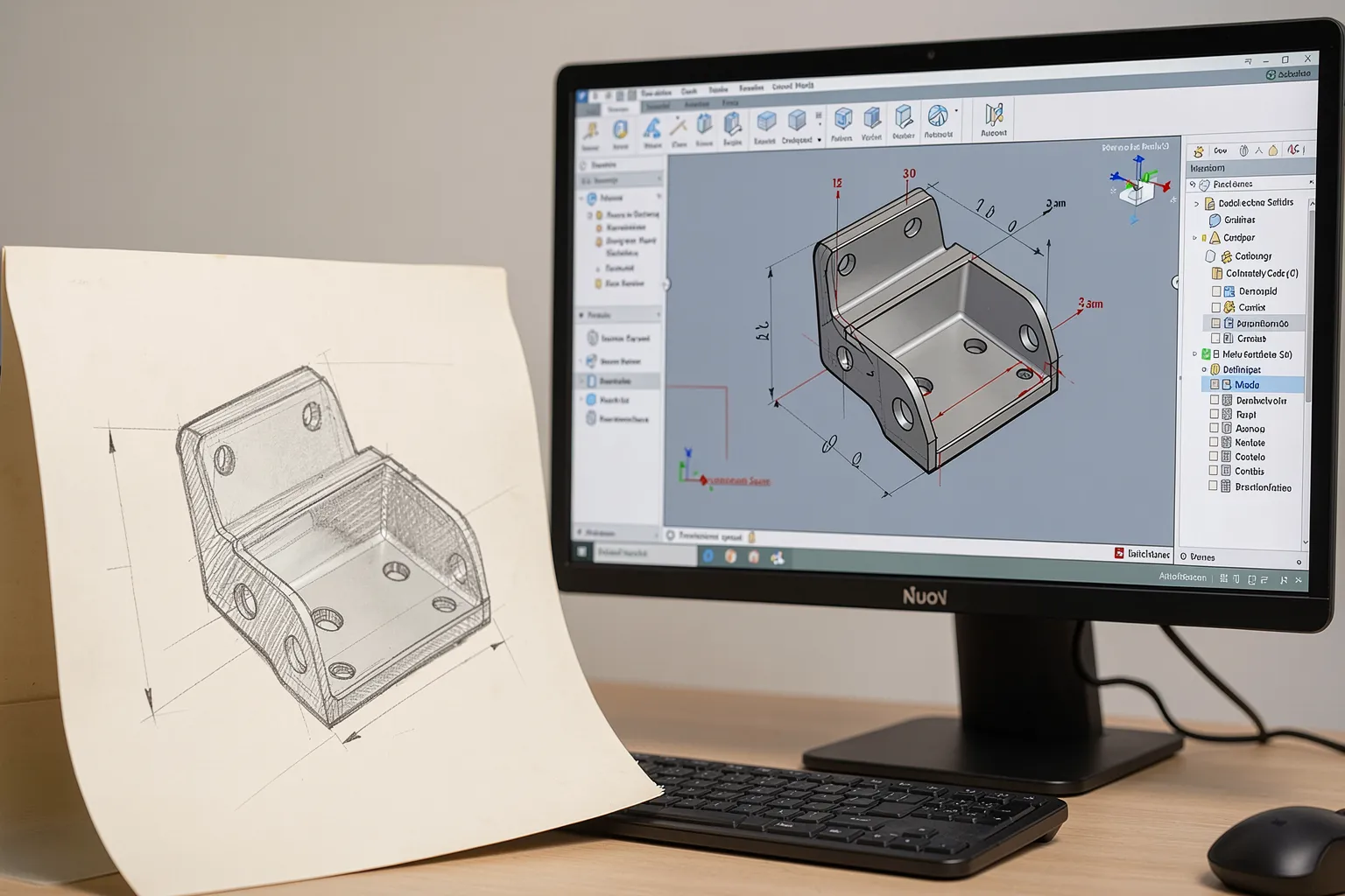 A hand-drawn sketch of a metal bracket beside a monitor showing the same part as an editable 3D CAD model with a feature tree