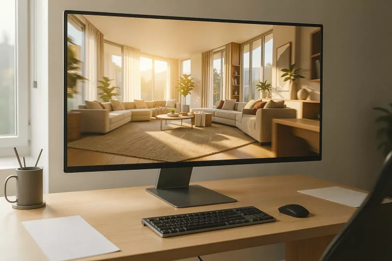 AI video walkthrough of a sunlit modern living room render sweeping through the space in an architecture visualization studio