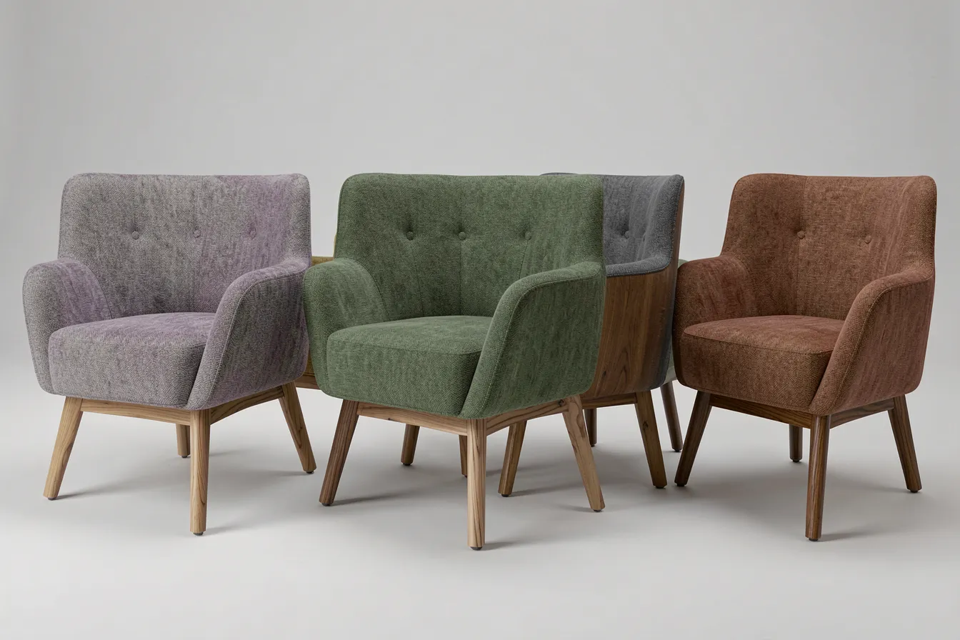 Modern customizable armchair shown in several fabric and wood-finish variants side by side in a studio setting