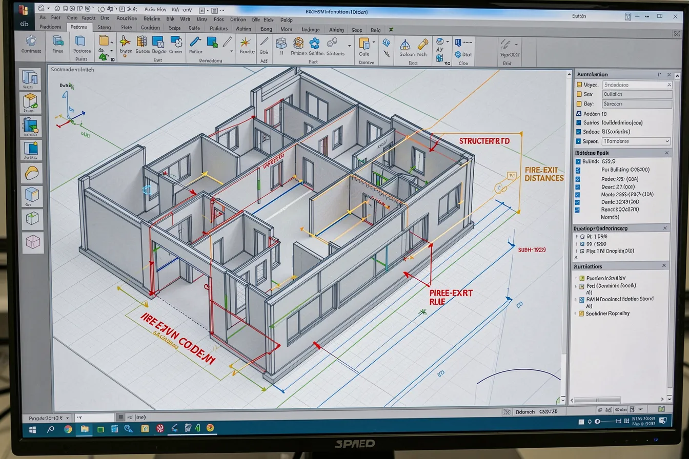 AI system parsing building code text into structured rules against a BIM model with highlighted corridor widths and exit distances