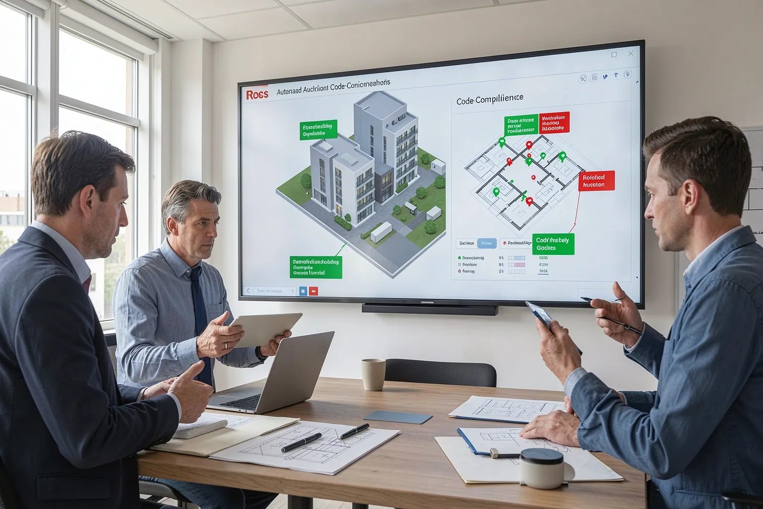 Architecture studio reviewing an AI building-code compliance check on a 3D model
