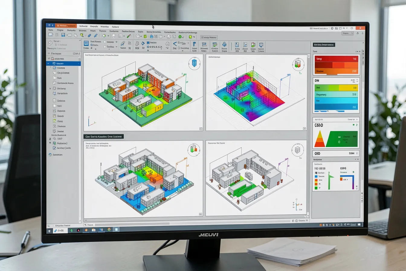 AI performance-driven design software showing building options with colored daylight analysis maps